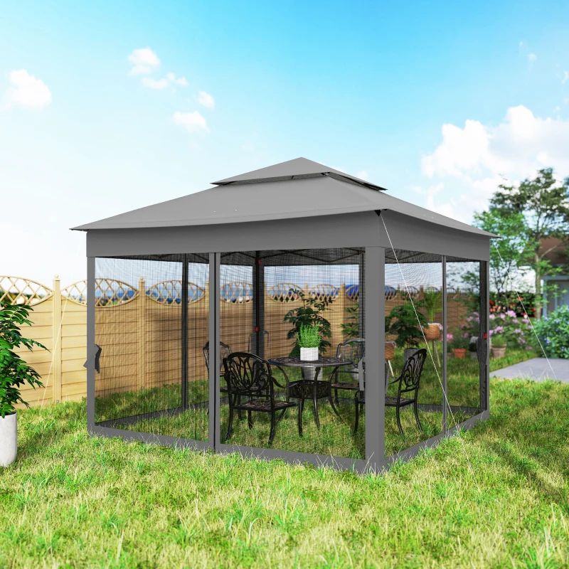 Outsunny 11' x 11' Pop Up Canopy 2-Tier Soft Top Shelter Event Tent w/ Netting Carry Bag for Patio Backyard Garden, Dark Grey