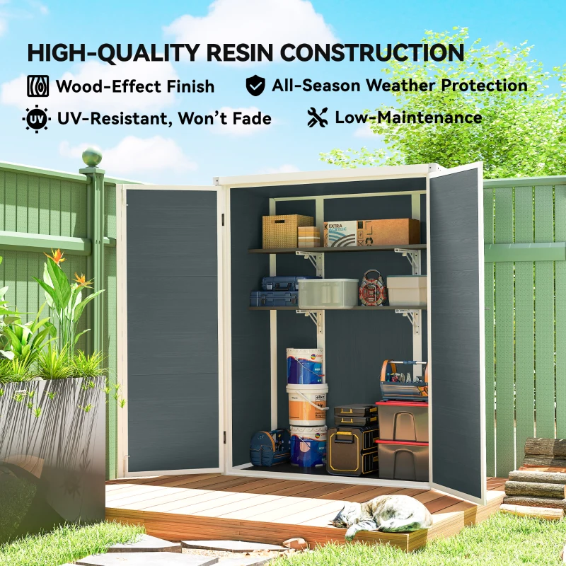 Outsunny Outdoor 4.4' x 2.3' Plastic Storage Shed with Lockable Doors and Foldable Shelves, Wood-Effect Garden Shed, Grey
