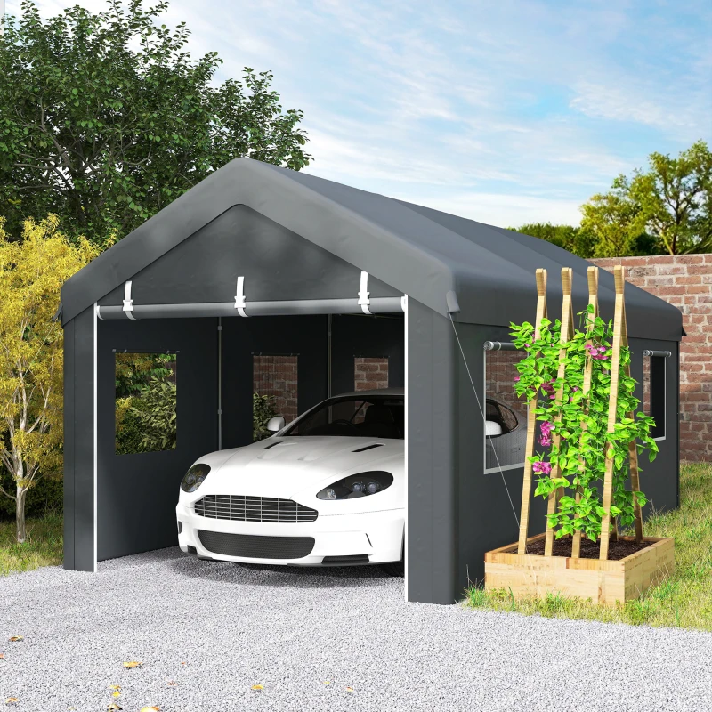 Outsunny 10' x 20' Carport, Heavy Duty Portable Garage with 6 Mesh Windows and 2 Doors, Dark Grey