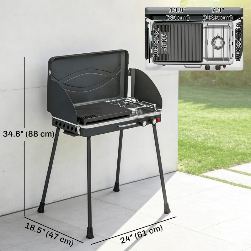 Outsunny 2-in-1 Camping Stove & Gas Griddle Combo, 20,000 BTU Portable Propane Grill with Detachable Legs, Wind Guards, Black