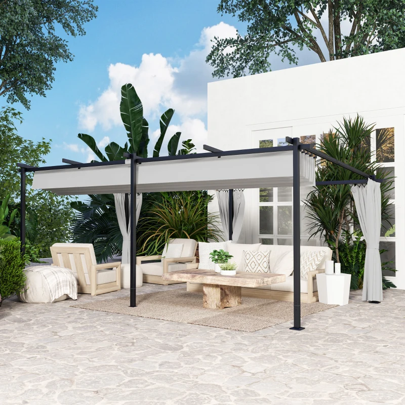 Outsunny 10' x 20' Metal Retractable Pergola Canopy with Sidewalls, Outdoor Gazebo UPF30+ Sun Shade Shelter for Garden, Deck