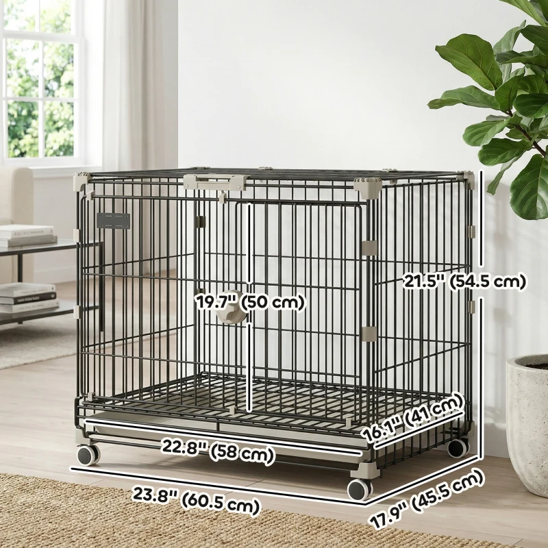 PawHut Dog Crate, 24 Inch Metal Dog Cage with Removable Tray, Lockable Wheels, 2 Doors for Small Breeds, Black