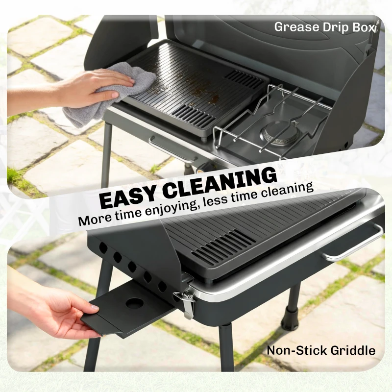 Outsunny 2-in-1 Camping Stove & Gas Griddle Combo, 20,000 BTU Portable Propane Grill with Detachable Legs, Wind Guards, Black