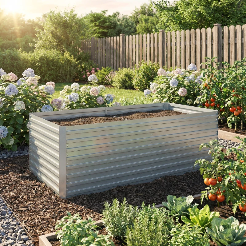 Outsunny Set of 2 Galvanised Raised Garden Bed, 6 x 3 x 2 ft Metal Garden Bed with Safe Edging, Silver