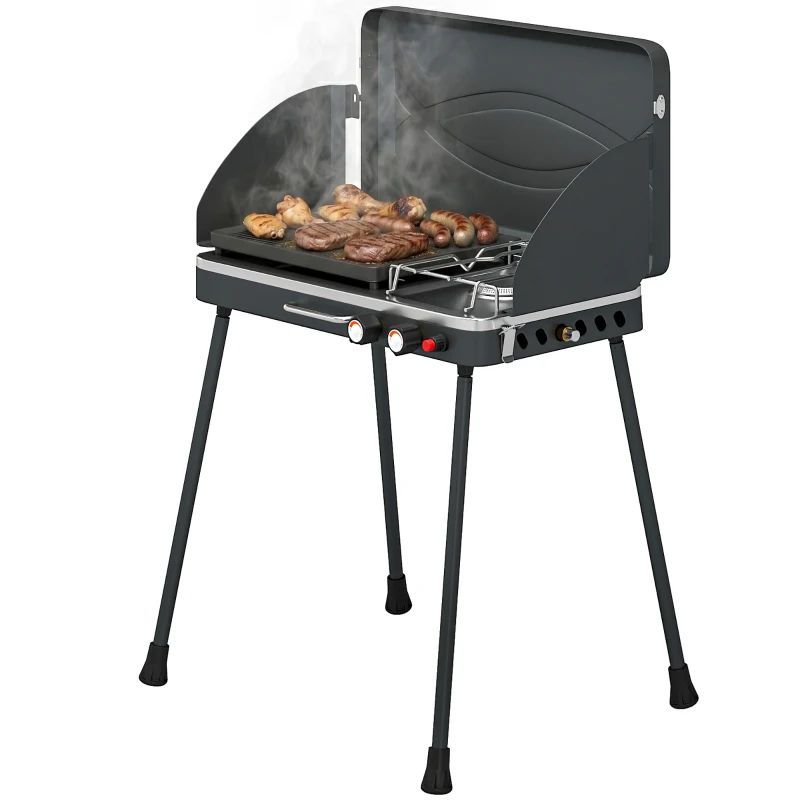 Outsunny 2-in-1 Camping Stove & Gas Griddle Combo, 20,000 BTU Portable Propane Grill with Detachable Legs, Wind Guards, Black