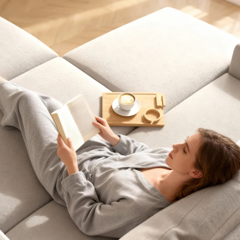 HOMCOM Couch Arm Tray, Clip-On Side Table with 360° Rotating Phone Holder and Removable Cup Holder, Natural