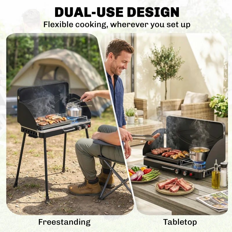 Outsunny 2-in-1 Camping Stove & Gas Griddle Combo, 20,000 BTU Portable Propane Grill with Detachable Legs, Wind Guards, Black