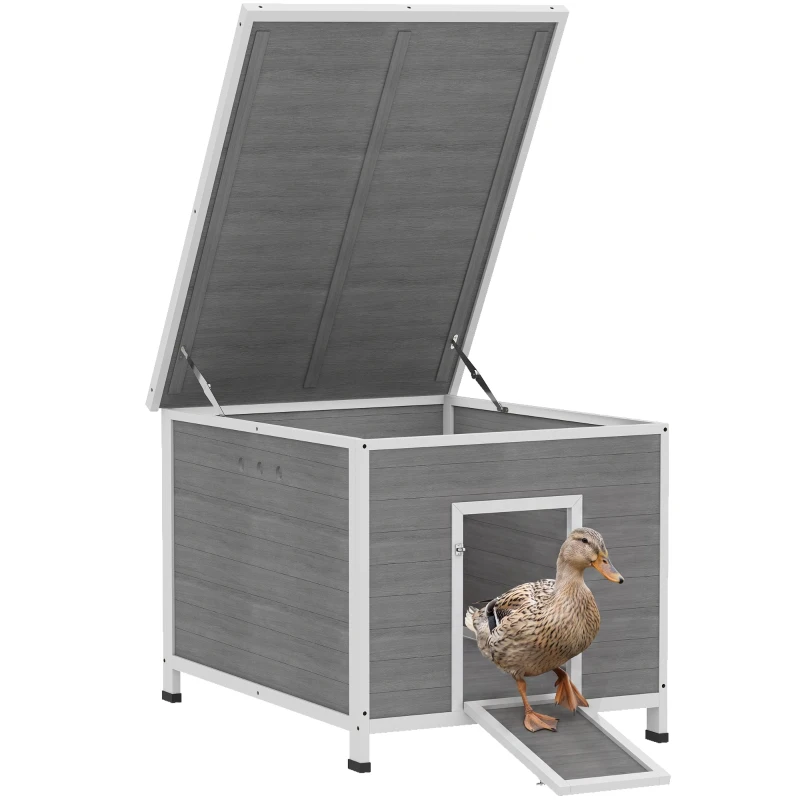 PawHut Duck Coop, Wooden Chicken House Rabbit Hutch with Openable Roof, Removable Floor, Double Doors, Ramp, Grey