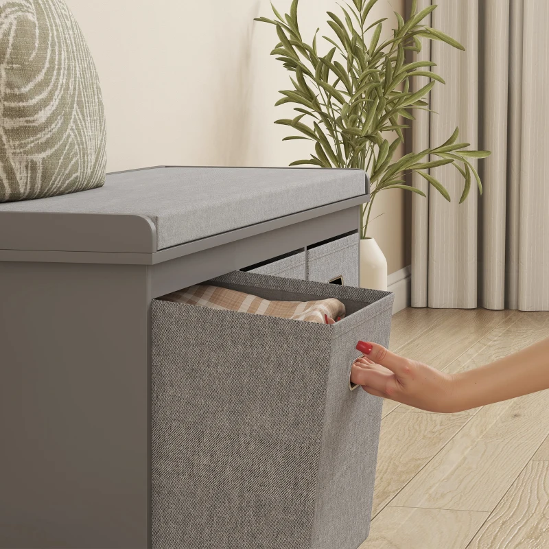 HOMCOM Shoe Storage Bench with Seat, Entryway Bench Seat with Cushion, 3 Fabric Drawers for Hallway, Grey