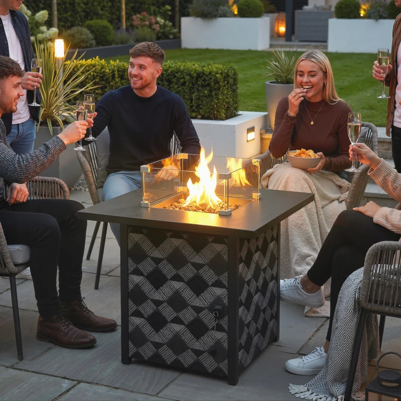 Outsunny Propane Fire Pit Table, 28 Inch Gas Fire Pit with Explosion-Proof Net and Glass Wind Guard, Gas Tank Holder