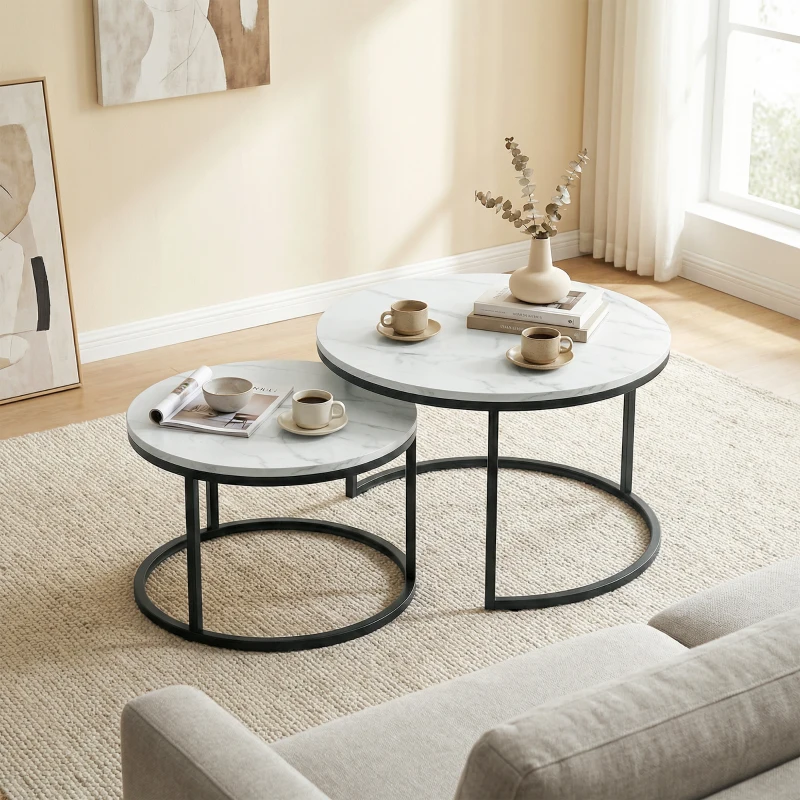 HOMCOM Modern Coffee Table Set of 2, Nesting Side Tables w/ Metal Base for Living Room Bedroom Office Marble White