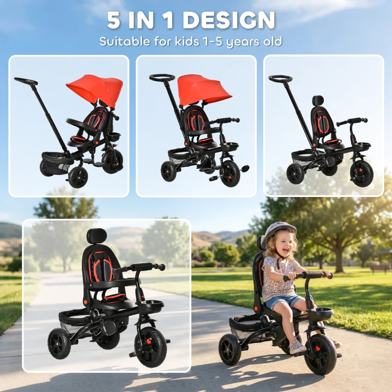 Qaba Tricycle for Toddler 4 in 1 Kids Trike, Foldable Converts Stroller to Toddler Bike, Adjustable Backrest & Curved Canopy, Detachable Guardrail & Handle for 1-5 Years Old, Red