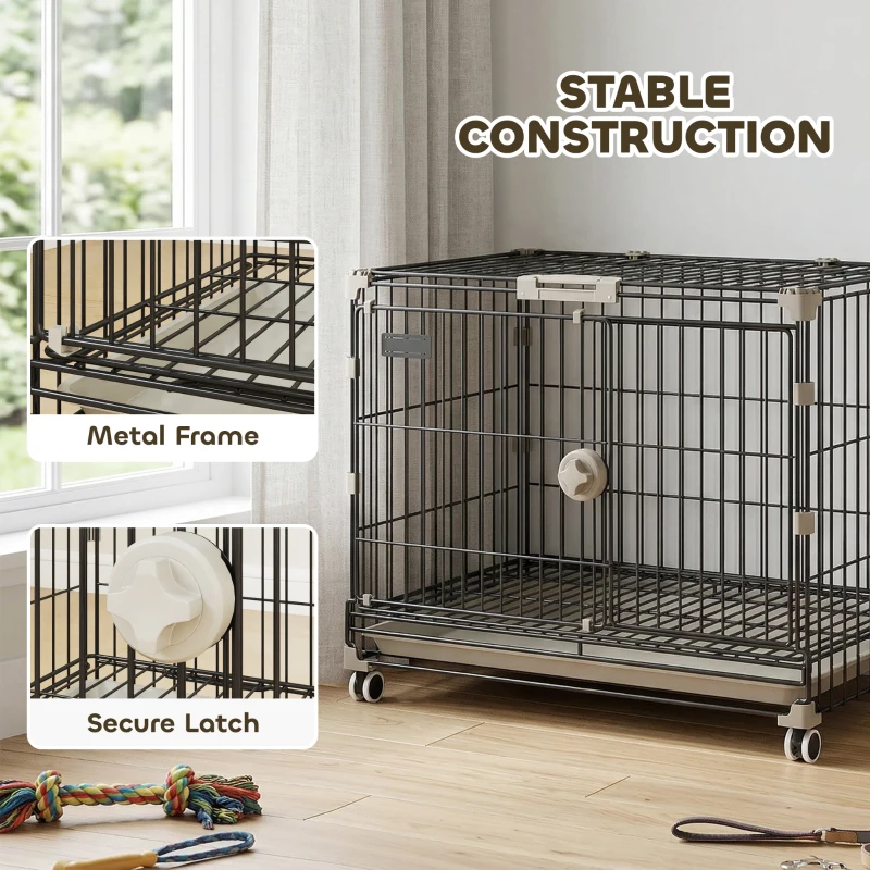 PawHut Dog Crate, 24 Inch Metal Dog Cage with Removable Tray, Lockable Wheels, 2 Doors for Small Breeds, Black