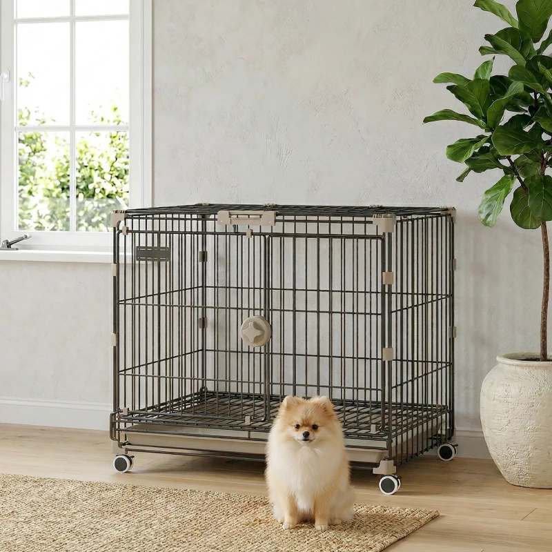 PawHut Dog Crate, 24 Inch Metal Dog Cage with Removable Tray, Lockable Wheels, 2 Doors for Small Breeds, Black