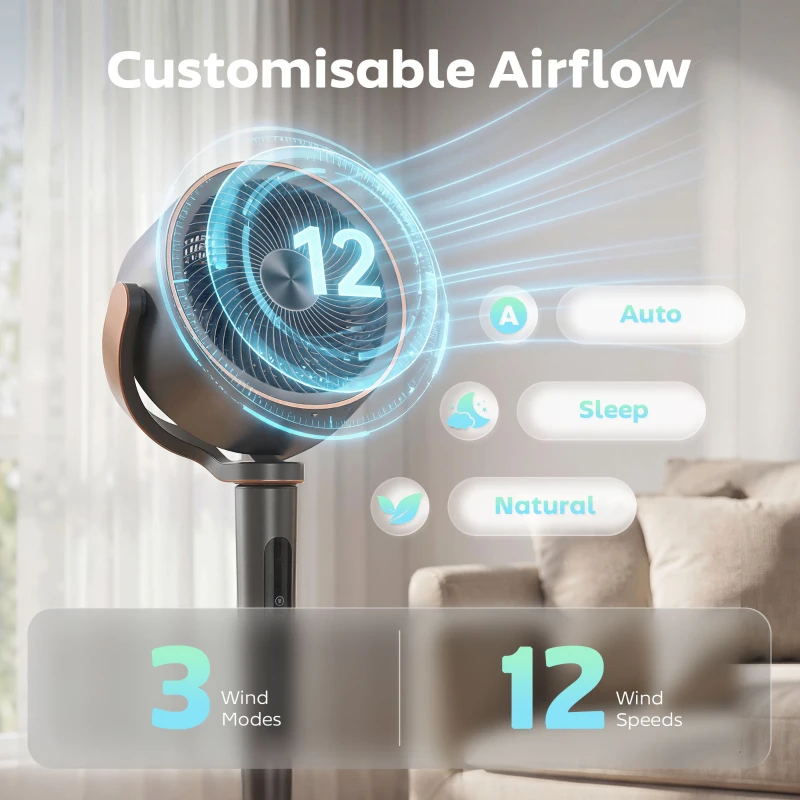 HOMCOM 20dB Silent Standing Fan, Oscillating Fan with 12 Speeds, LED Light, WiFi & Remote Control, 12H Timer