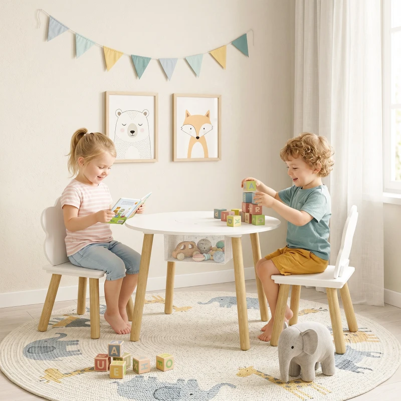Qaba Kids Table and Chairs Set with Storage Toddler Table and Chairs Set 3 Piece White