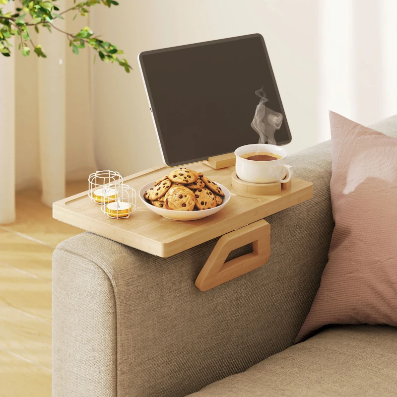 HOMCOM Couch Arm Tray, Clip-On Side Table with 360° Rotating Phone Holder and Removable Cup Holder, Natural
