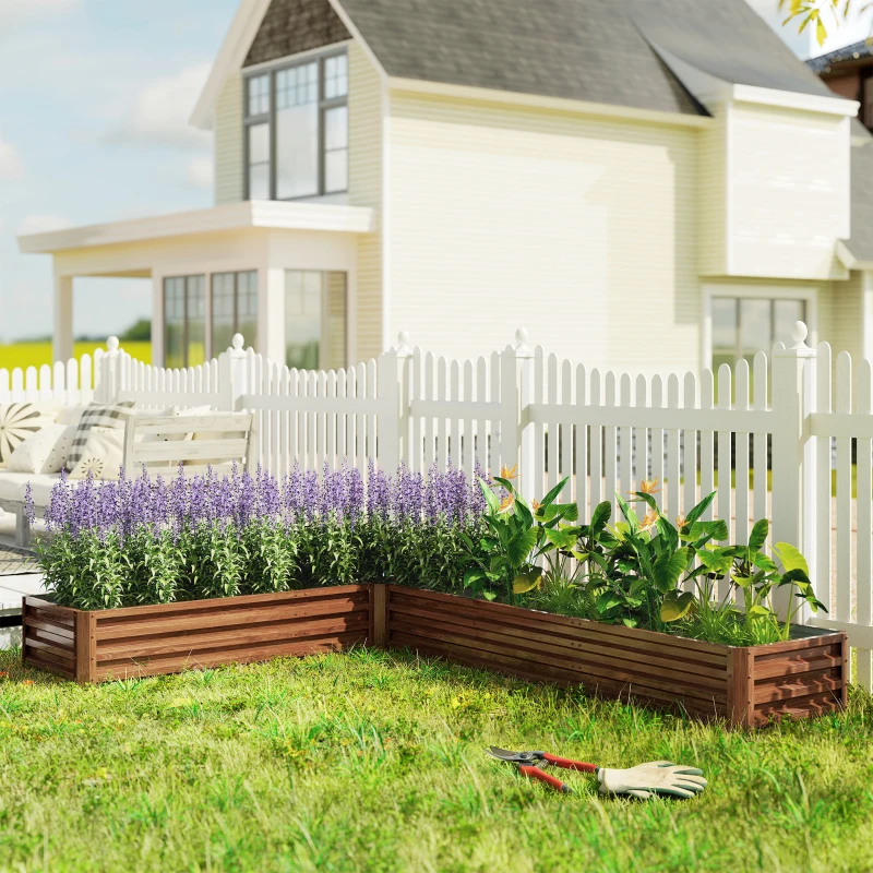 Outsunny L-Shaped Raised Garden Bed, 82" x 109" x 12" Galvanized Steel Planter Box with Multi-reinforced Rods for Vegetables, Flowers and Herbs, Dark Brown Wood Effect
