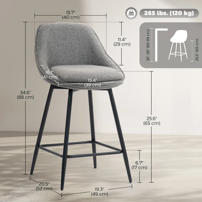 HOMCOM 26" Counter Height Barstools Set of 2, Upholstered Swivel Bar Stools with Backrests and Armrests, Dark Grey