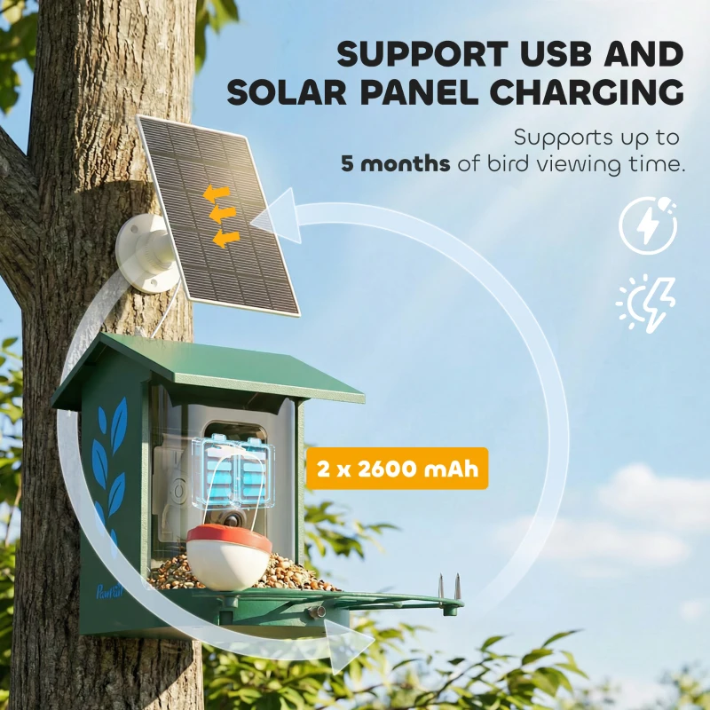 PawHut Smart Bird Feeder Camera Solar Powered with AI Identify 16000+ Birds, Auto Video Capture, Motion Detection