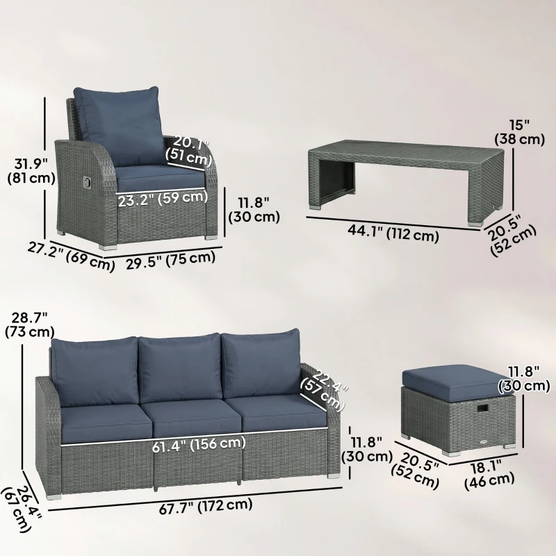 Outsunny Patio Furniture with Cushions, 6 Pieces PE Wicker Patio Sectional Furniture Conversation Set w/ a Three-Seat Sofa, 2 Recliner Chairs, 2 Footstools & Table, Dark Blue