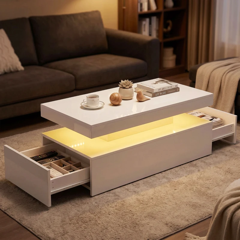 HOMCOM LED Coffee Table with Storage, 2-Tier Modern Center Table with 2 Drawers for Living Room, High Gloss White