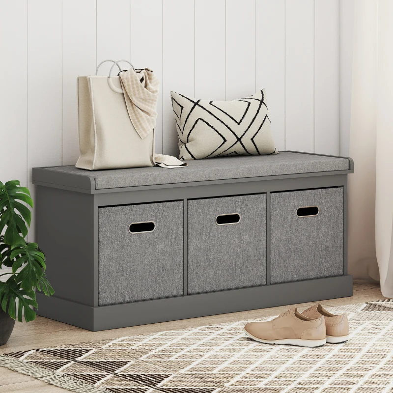 HOMCOM Shoe Storage Bench with Seat, Entryway Bench Seat with Cushion, 3 Fabric Drawers for Hallway, Dark Grey