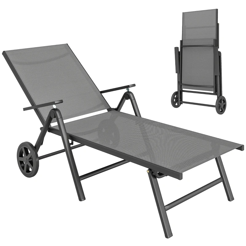 Outsunny Outdoor Lounge Chair, 5-Level Adjustable Folding Chaise Chair with 2 Wheels for Backyard, Beach, Poolside, Grey