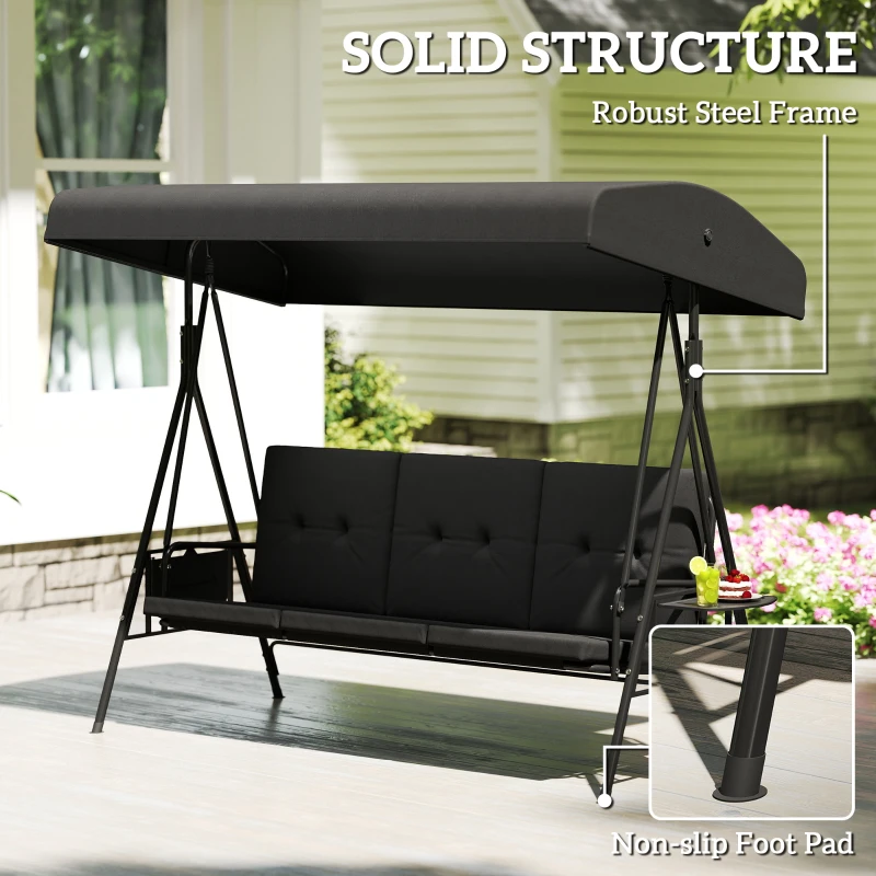 Outsunny 3-Seat Outdoor Porch Swing Patio Swing with Adjustable Canopy, Side Tray, Removable Cushion for Garden, Poolside, Black