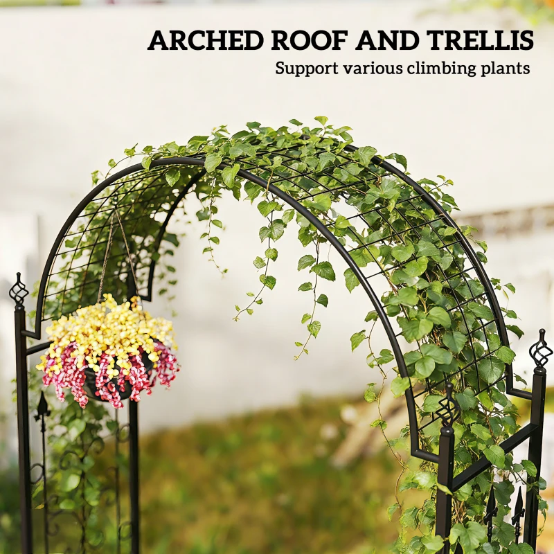Outsunny 7.5 ft Steel Garden Arch, Outdoor Trellis Arbor with Scrollwork for Climbing Plants, Wedding Arch, Black