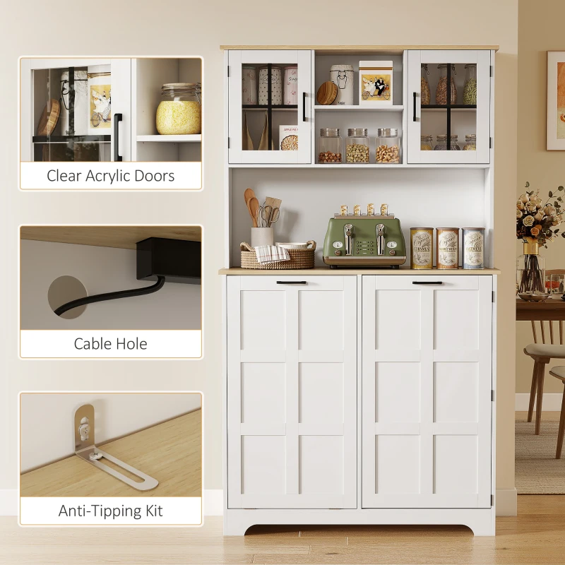 HOMCOM Kitchen Pantry Cabinet with Charging Station, 7 Gallon Trash Can Cabinet, Adjustable Shelves and Acrylic Doors, White