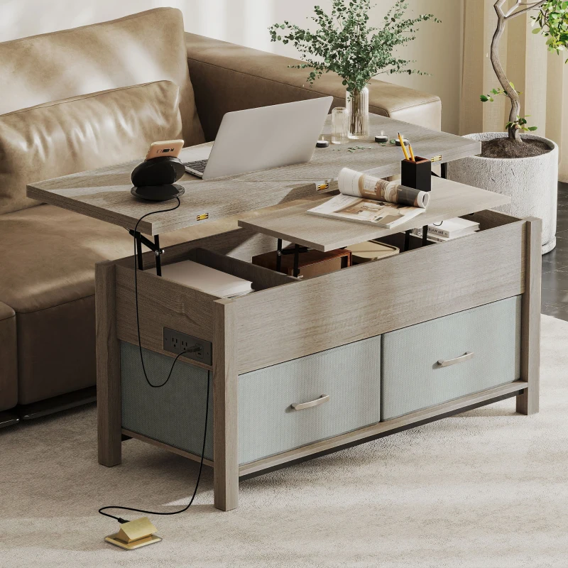HOMCOM Lift Top Coffee Table, Center Table with 3 Hidden Compartments, 2 Fabric Drawers, Expandable Top and Charging Station