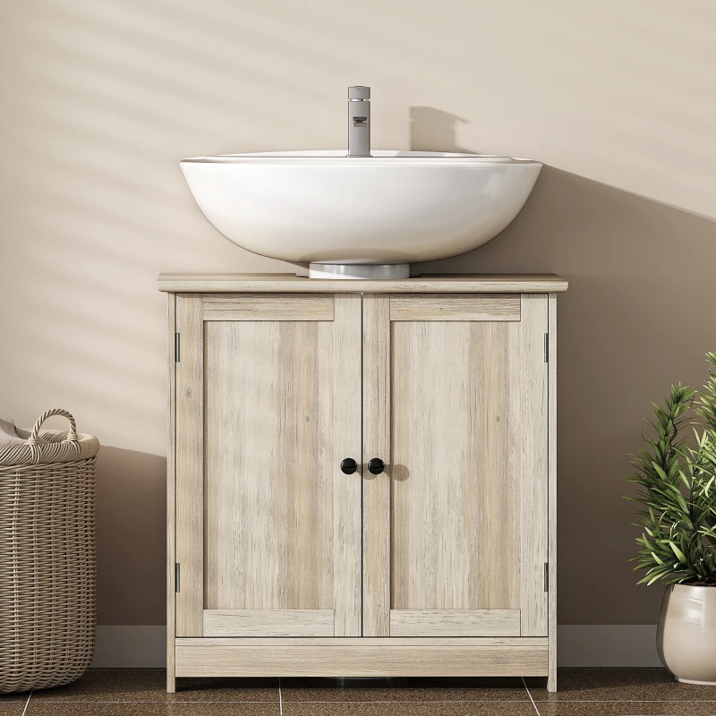 HOMCOM Bathroom Vanity, 24" Pedestal Sink Bathroom Vanity Furniture with 2 Doors and Shelf, Grey Wood Grain