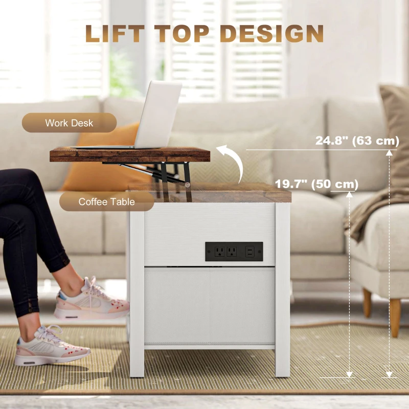 HOMCOM Lift Top Coffee Table, Center Table with 3 Hidden Compartments, 2 Fabric Drawers, Expandable Top and Charging Station