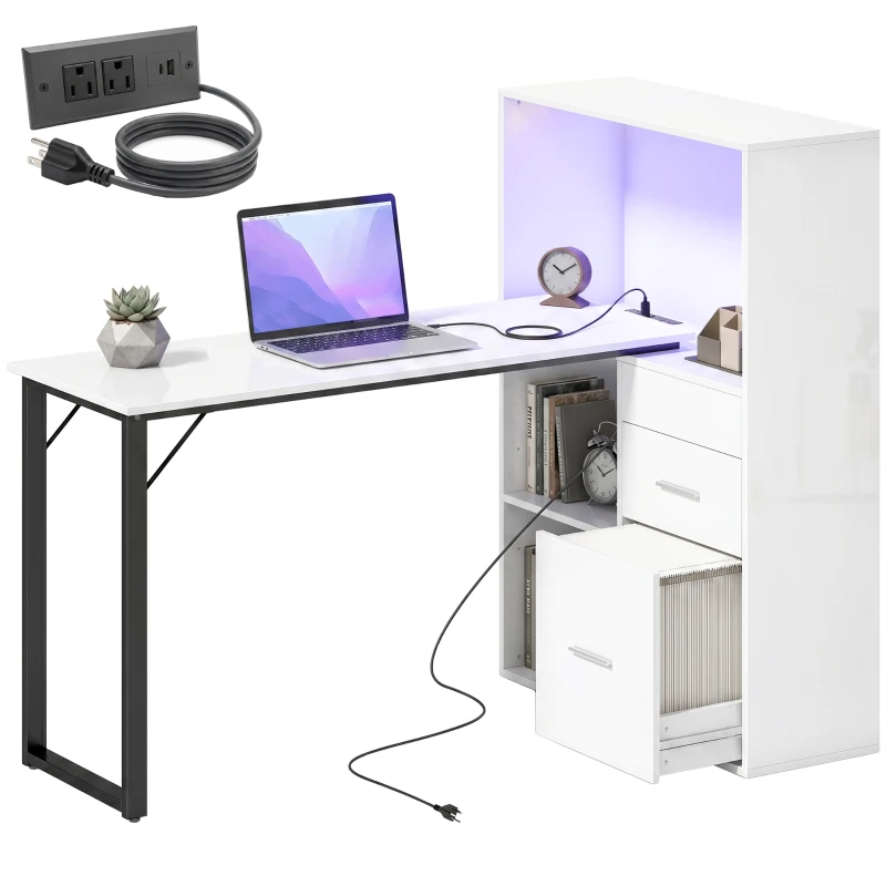 HOMCOM 54" Computer Desk with Drawers, Home Office Desk with Storage, Power Outlets and LED Lights, White