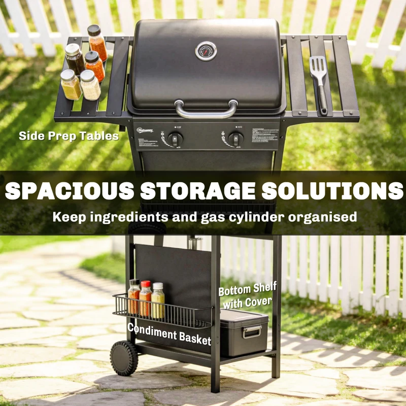 Outsunny 2 Burner Propane Gas Grill, 18000 BTU BBQ Grill with Wheels, Warming Rack, Shelf, Thermometer, Grease Cup, Black
