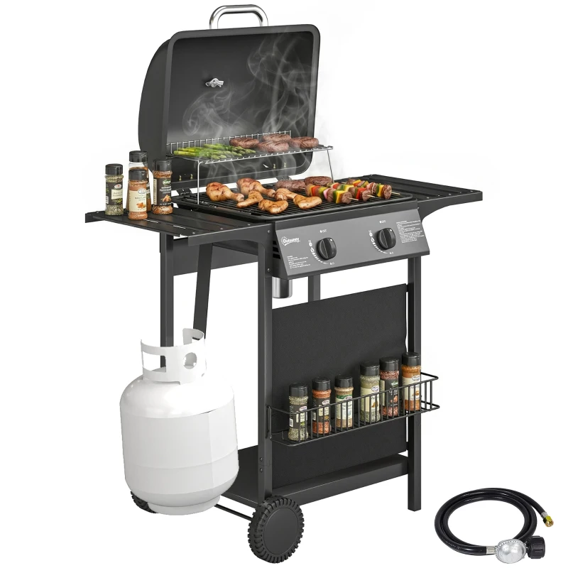 Outsunny 2 Burner Propane Gas Grill, 18000 BTU BBQ Grill with Wheels, Warming Rack, Shelf, Thermometer, Grease Cup, Black