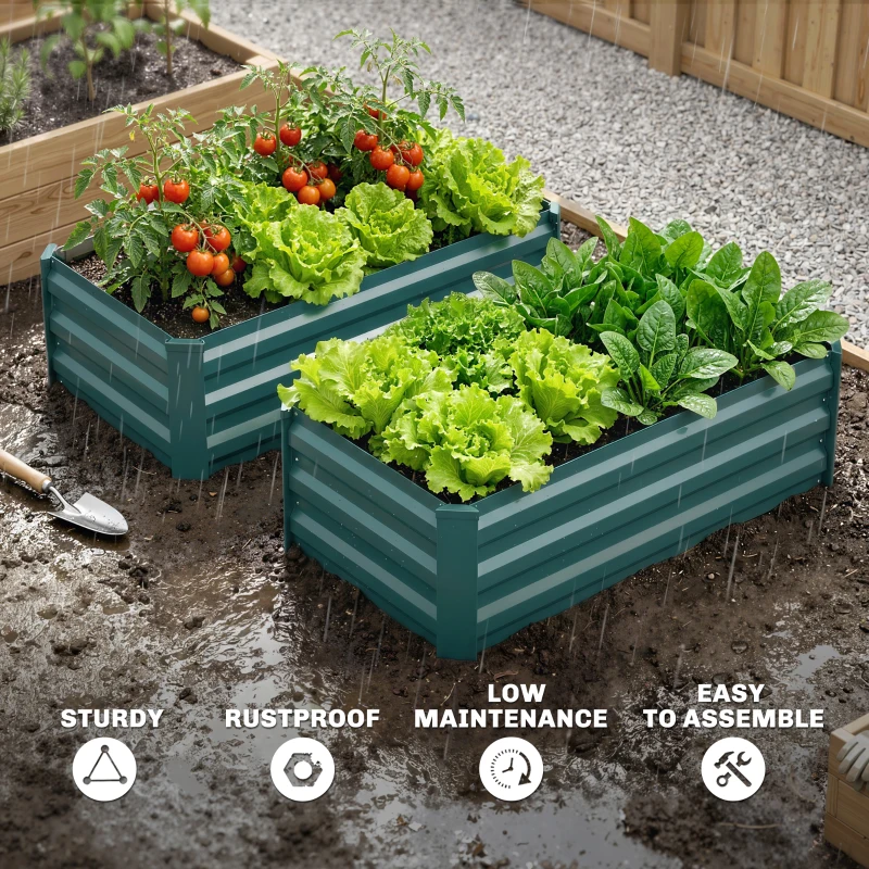 Outsunny Set of 2 Galvanized Raised Beds for Garden, Outdoor Planter Box for Flowers, Herbs and Vegetables, Green