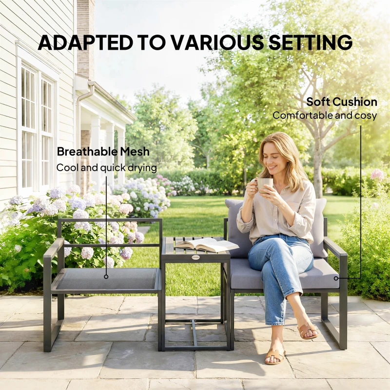 Outsunny Outdoor Bistro Set, Patio Furniture Set with 2 Chairs and Side Table for Garden Balcony Poolside, Grey