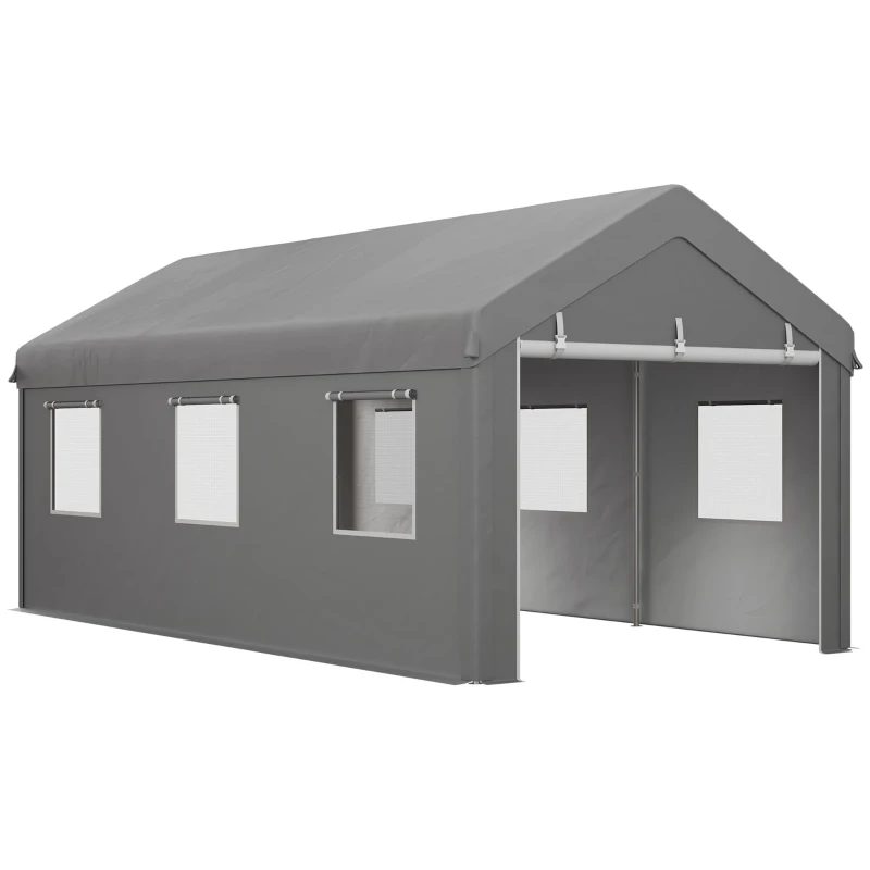 Outsunny 10' x 20' Carport, Heavy Duty Portable Garage with 6 Mesh Windows and 2 Doors, Light Grey