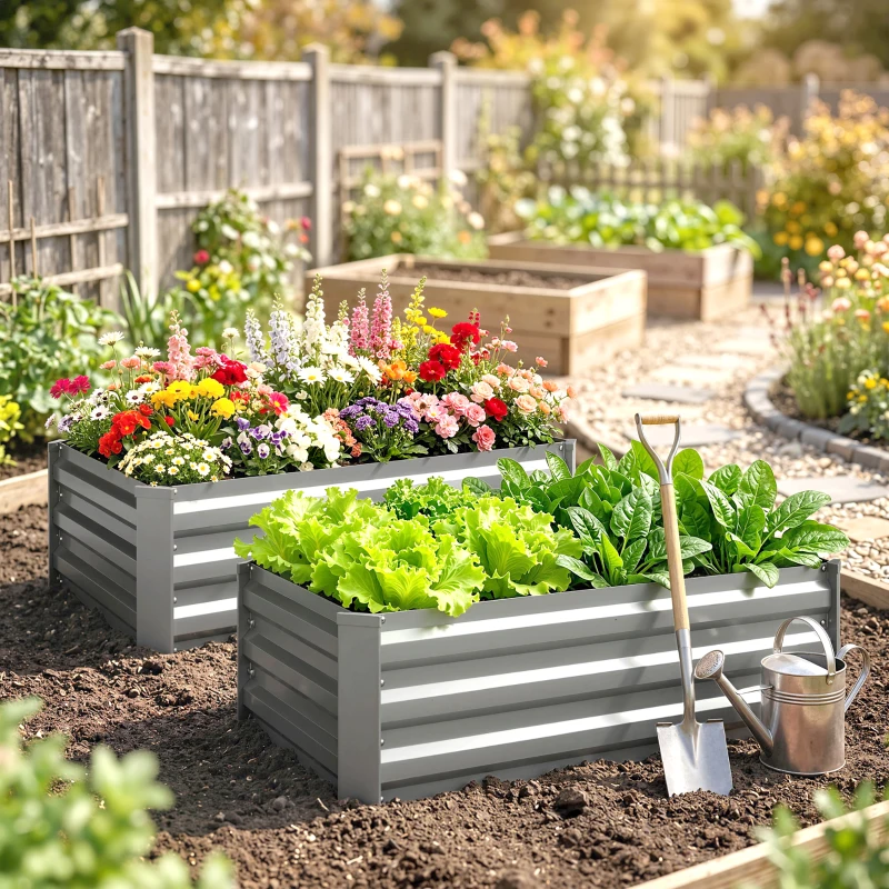Outsunny Set of 2 Galvanized Raised Beds for Garden, Outdoor Planter Box for Flowers, Herbs and Vegetables, Light Grey