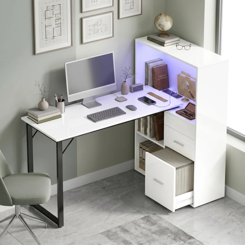 HOMCOM 54" Computer Desk with Drawers, Home Office Desk with Storage, Power Outlets and LED Lights, White