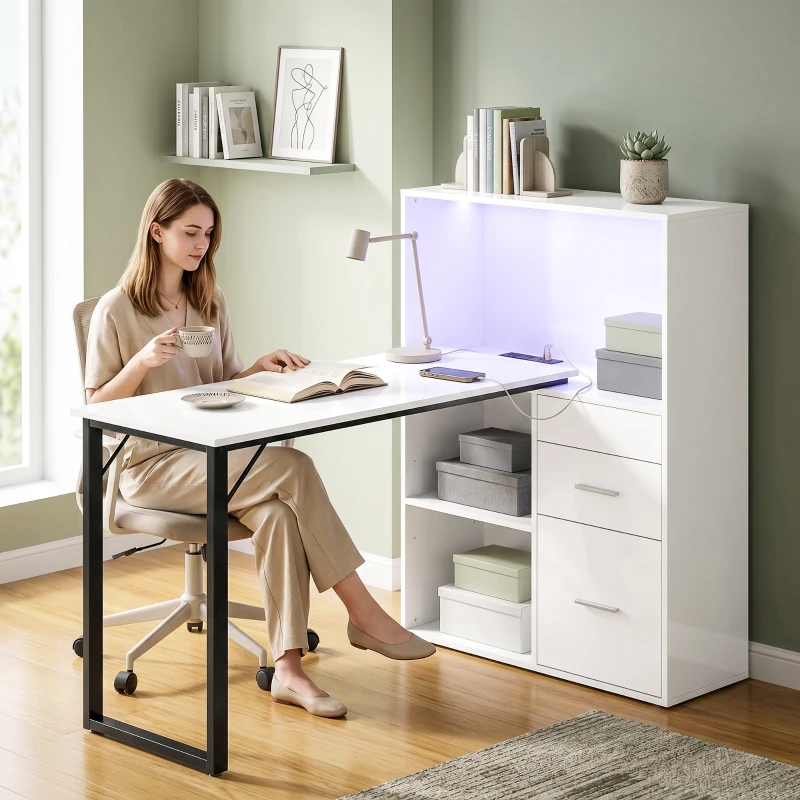 HOMCOM 54" Computer Desk with Drawers, Home Office Desk with Storage, Power Outlets and LED Lights, White