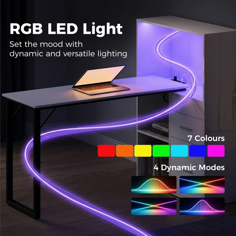 HOMCOM 54" Computer Desk with Drawers, Home Office Desk with Storage, Power Outlets and LED Lights, White