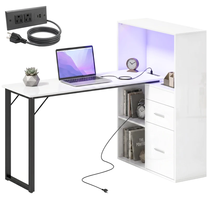 HOMCOM 54" Computer Desk with Drawers, Home Office Desk with Storage, Power Outlets and LED Lights, White