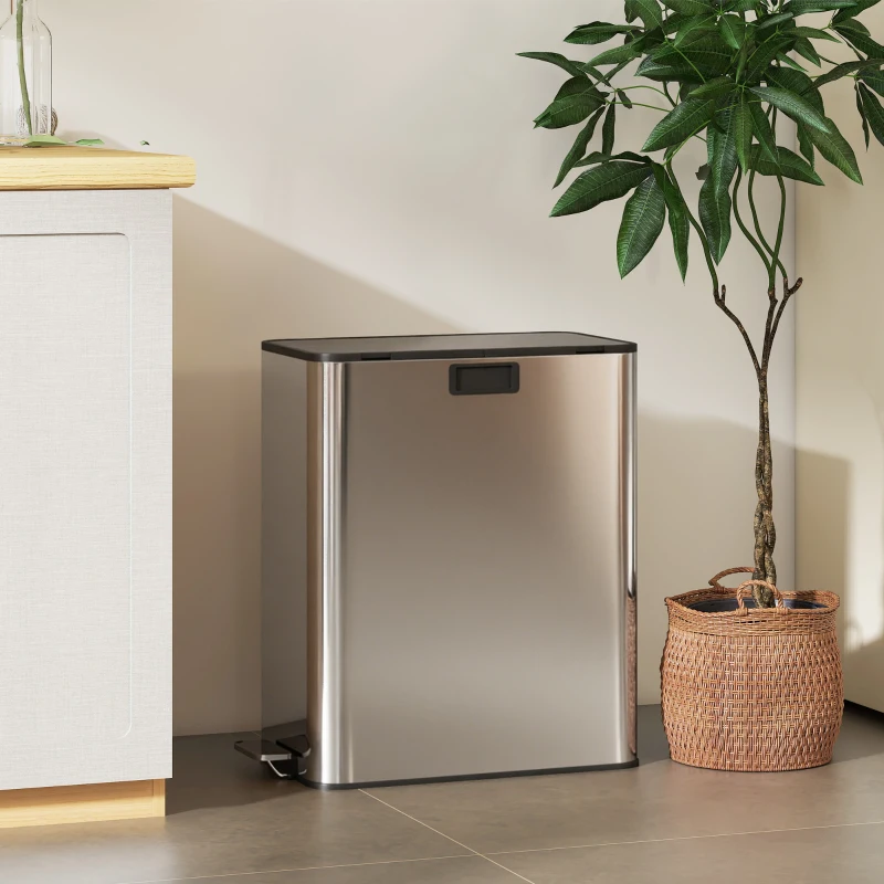 HOMCOM Dual Trash Can with Soft-Close Lid, Garbage Can with Removable Inner Bucket for Kitchen 2 x 7.4 Gal (2 x 28 L), Silver