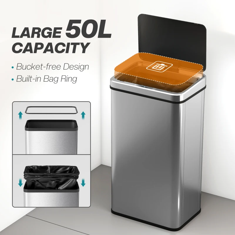 HOMCOM 13.2 Gal (50 L) Automatic Garbage Can w/ Soft-Close Lid, Touchless Trash Can with Fingerprint Resistant Stainless Steel