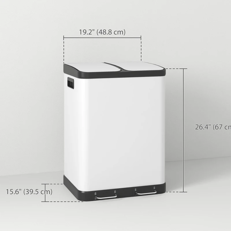 HOMCOM Kitchen Garbage Bin, 2 x 7.9 Gal (2 x 30 L) Trash Can, Soft-Close Garbage Can with Removable Inner Buckets, White