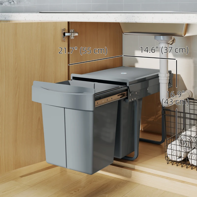HOMCOM Pull Out Trash Can Under Cabinet, 10.6 Gallon (40L) Slide Out Garbage Can with 2 Removable Compartments, Grey