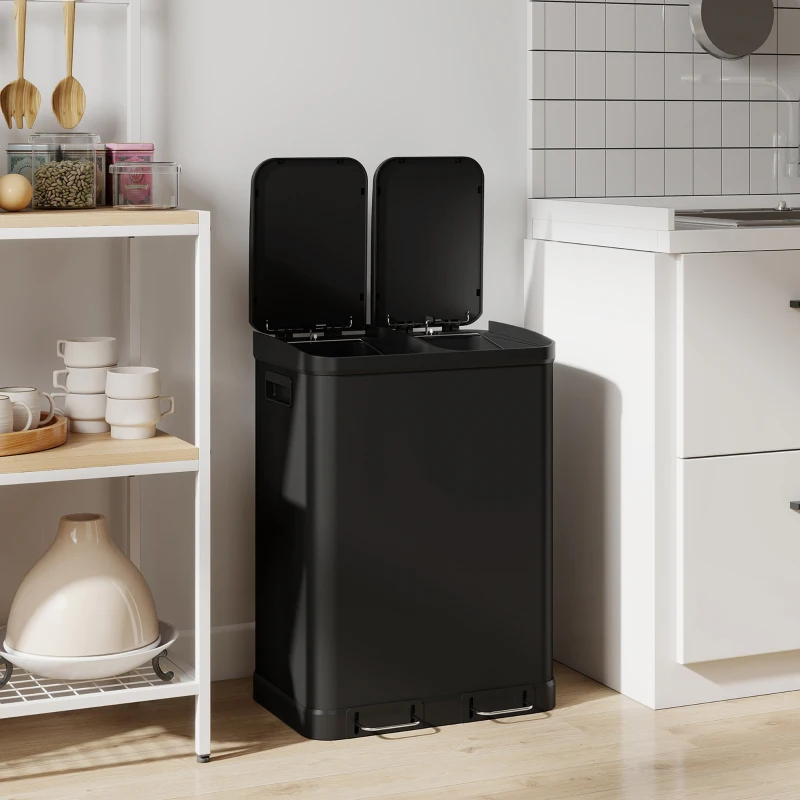 HOMCOM Kitchen Garbage Bin, 2 x 7.9 Gal (2 x 30 L) Trash Can, Soft-Close Garbage Can with Removable Inner Buckets, Black